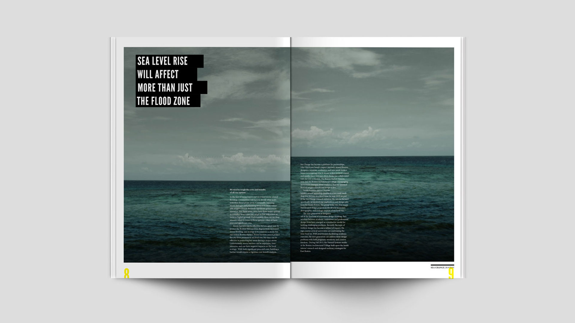 An image of a book opened to a spread. The spread has an image of the ocean on both pages. the ocean image on the right hand page is higher up the page than on the left. Design made in Adobe Indesign.